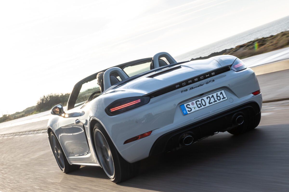 2021 Porsche 718 Boxster GTS on the road rear