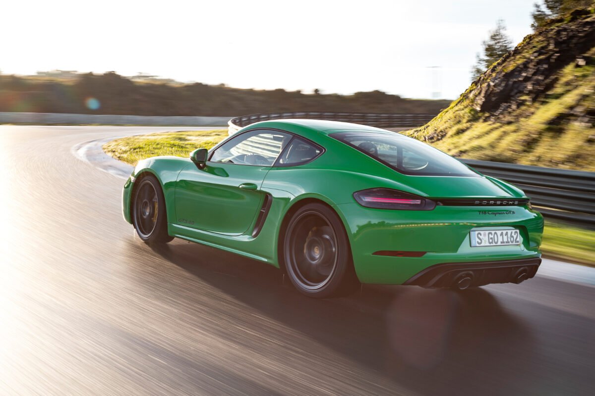 2021 Porsche 718 Cayman GTS 4.0 on the track rear