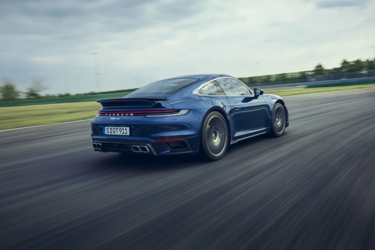2021 Porsche 911 Turbo Coupe on track rear